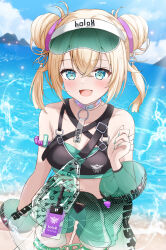  1girl :d absurdres bare_shoulders beach blonde_hair blue_eyes blush breasts chest_harness choker cloud collarbone cowboy_shot crossed_bangs day double-parted_bangs double_bun green_nails green_shorts hair_between_eyes hair_bun harness highres hololive inflatable_armbands kazama_iroha kazama_iroha_(holonatsu_paradise) lens_flare looking_at_viewer medium_breasts nail_polish non-circular_lens_flare ocean official_alternate_costume official_alternate_hairstyle open_mouth outdoors rinkaa_(lovelive765pro2) short_hair shorts sky smile solo standing virtual_youtuber visor_cap 
