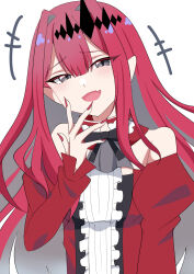 1girl absurdres baobhan_sith_(fate) baobhan_sith_(first_ascension)_(fate) bare_shoulders blush breasts detached_sleeves dress fang fate/grand_order fate_(series) frilled_dress frills grey_eyes hair_ornament hand_up highres long_hair looking_at_viewer nail_polish open_mouth pink_hair pointy_ears red_dress red_nails skin_fang smile smug solo white_background yasunami_11