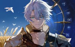 1boy antenna_hair armor black_choker black_shirt blue_eyes blue_sky choker commentary_request coreflame_(honkai:_star_rail) honkai:_star_rail honkai_(series) looking_at_viewer male_focus maria_(maria_rose) neck_tattoo parted_bangs pauldrons phainon_(honkai:_star_rail) shirt short_hair shoulder_armor single_pauldron sky solo split_theme star_(sky) starry_sky sun_symbol sun_tattoo tan tattoo wheat_field white_hair 
