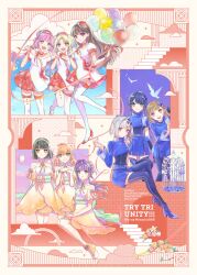  3rd_live_tour_try_tri_unity!!! 6+girls :d absurdres anyoji_hime aoku_haruka/flower aqua_eyes asymmetrical_legwear asymmetrical_sleeves balloon bare_shoulders birdcage_(love_live!) black_hair blonde_hair blu-ray_cover blue_boots blue_eyes blue_hair blue_jacket blue_shorts bob_cut boots breasts brown_hair cerise_bouquet closed_mouth collarbone colored_inner_hair commentary_request cover cropped_jacket diagonal_bangs dollchestra dress frilled_dress frills fujishima_megumi gradient_clothes gradient_dress gradient_hair green_eyes grey_hair grin hair_ornament hairband hanamusubi_(love_live!) hat high_heel_boots high_heels highres hinoshita_kaho holding holding_balloon inverted_bob jacket josho_kiryu_(love_live!) kachimachi_kosuzu ladybug/beauty_(love_live!) link!_like!_love_live! long_hair love_live! medium_breasts medium_hair mira-cra_park! miracreation/elegance mismatched_legwear momose_ginko multi-tied_hair multicolored_hair multiple_girls murano_sayaka off-shoulder_dress off_shoulder official_alternate_costume official_art open_mouth orange_boots orange_dress orange_hair osawa_rurino otomune_kozue parted_bangs pink_eyes pink_hair ponytail puffy_short_sleeves puffy_sleeves purple_eyes purple_hair red_hair red_hat red_shoes shoes short_dress short_hair short_shorts short_sleeves shorts single_leg_pantyhose single_thighhigh sitting smile standing streaked_hair teeth thighhighs twintails two_side_up uneven_sleeves upper_teeth_only virtual_youtuber white_dress white_hairband white_thighhighs yugiri_tsuzuri zettai_ryouiki 