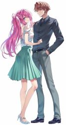 1boy 1girl ayanokouji_kiyotaka belt blazer blue_eyes blush breasts brown_eyes brown_hair closed_mouth comic_alive hair_ornament hand_in_pocket high_heels highres ichinose_honami_(youjitsu) jacket long_hair long_sleeves looking_at_viewer official_art pants pink_hair ponytail shirt short_hair short_sleeves skirt smile tomose_shunsaku youkoso_jitsuryoku_shijou_shugi_no_kyoushitsu_e rating:General score:5 user:danbooru