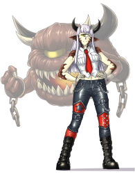  1girl belt_boots black_boots black_horns black_pants blunt_ends boots breasts broken_handcuffs cacodemon chain closed_mouth clothing_cutout commentary commentary_request creature_and_personification cuffed cuffs cyclops demon demon_girl doom_(series) doom_64 english_commentary full_body grey_hair hands_on_own_hips highres horns light_frown long_hair looking_to_the_side medium_breasts midriff multicolored_pants navel necktie o-ring one-eyed pants personification pointy_ears punk red_necktie red_pants scales shackles sharp_teeth shirt simple_background sleeveless sleeveless_shirt solo spikes standing star_(symbol) star_cutout substance20 teeth very_long_hair white_background white_shirt yellow_eyes 