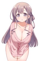  1girl :o blush breasts cleavage clothes_tug collarbone commentary_request cowboy_shot grey_eyes grey_hair hair_over_shoulder hair_rings half_updo highres huge_breasts kyouzuka_shion long_hair long_sidelocks long_sleeves looking_at_viewer ma_tsukasa naked_sweater no_pants parted_lips pink_sweater plunging_neckline sidelocks simple_background slow_start solo standing straight_hair sweater sweater_tug white_background 