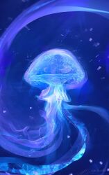  animal blue_theme glowing jellyfish lens_flare light_particles limited_palette no_humans original painterly see-through_body still_life underwater zandra 
