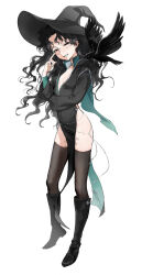  1girl amon_(lord_of_the_mysteries) bird black_boots black_cloak black_eyes black_hair black_thighhighs blush body_writing boots breasts chinese_commentary cloak commentary_request crow full_body genderswap genderswap_(mtf) green_nails hat highres kikinotamai long_hair long_sleeves looking_at_viewer lord_of_the_mysteries monocle open_mouth parted_bangs pelvic_curtain simple_background small_breasts smile solo thighhighs twintails white_background witch_hat 