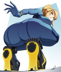  1girl ass ass_focus blonde_hair blue_background blue_bodysuit bodysuit bracelet breasts closed_mouth eyelashes from_behind from_below frown full_body giant giantess glowing gradient_background green_eyes high_heels highres jewelry large_breasts lips looking_at_viewer looking_back looking_down metroid mole mole_under_mouth nintendo open_hand ponytail ravenravenraven samus_aran size_difference skin_tight solo squatting super_smash_bros. white_background zero_suit 