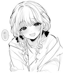  1girl blush bow braid commentary_request fang french_braided_twintails fujita_kotone fuyu_2320 gakuen_idolmaster greyscale hair_bow highres idolmaster jacket jacket_partially_removed long_hair looking_at_viewer monochrome shirt simple_background smile solo speech_bubble translation_request twin_braids upper_body white_background 