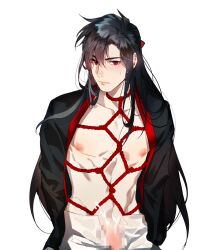  1boy arms_behind_back bare_pectorals bdsm bishounen black_hair black_hanfu blush bondage bound censored chinese_clothes closed_mouth collarbone cum cum_on_body cum_on_male cum_on_stomach ejaculation erection groin hair_down hair_ribbon half_updo hanfu highres implied_yaoi jujeop long_hair looking_at_viewer male_focus modao_zushi mosaic_censoring navel nipples official_alternate_hairstyle open_clothes open_robe pants pectorals penis red_eyes red_ribbon red_rope ribbon robe rope shibari solo sweat very_long_hair wei_wuxian wei_wuxian_(yiling_laozu) wet wet_hair white_pants 