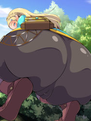 1girl aimo aimo_(aimo1214) ass blonde_hair blue_eyes blush cameltoe from_behind from_below highres huge_ass long_hair nintendo pants pointy_ears princess_zelda shiny_clothes solo squatting the_legend_of_zelda the_legend_of_zelda:_breath_of_the_wild rating:Questionable score:97 user:armorcrystal