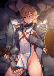 3boys absurdres after_anal aftersex armor blush brown_hair bulge clothes cum cum_in_ass erection erection_under_clothes heart heart-shaped_pupils highres link looking_at_viewer medium_hair multiple_boys nintendo penis pointy_ears ponytail scar shield sword symbol-shaped_pupils the_legend_of_zelda trap weapon yaoi rating:Explicit score:201 user:xAkira