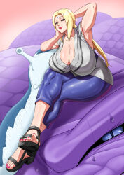  1girl arm_up armpits blonde_hair blue_pants breasts cleavage crossed_legs facial_mark feet foot_focus forehead_mark grey_kimono huge_breasts japanese_clothes katsuyu_(naruto) kimono looking_at_viewer low_twintails manda_(naruto) mature_female nail_polish naruto_(series) numahana pants red_lips sitting_on_animal slug smile snake sweat thick_thighs thighs toenail_polish toenails tsunade_(naruto) twintails  rating:Questionable score:38 user:jojosstand