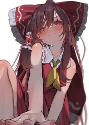  1girl :3 absurdres ascot bow breasts brown_hair closed_mouth commentary_request dress foreshortening frilled_bow frills hair_bow hair_over_one_eye hakurei_reimu highres kararage_tsune leaning_forward leg_up long_hair looking_at_viewer naughty_face one_eye_closed red_bow red_dress red_eyes shirt sidelocks small_breasts smile solo sweat touhou white_shirt yandere yellow_ascot 