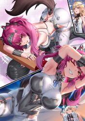  3girls absurdres armor armpits arms_up ass backless_bodysuit bare_shoulders black_bow black_collar black_hair blonde_hair blue_eyes blue_hair blush bodysuit bow breastplate breasts cartethyia_(wuthering_waves) collar colored_inner_hair commentary crown_of_thorns cruzvu duplicate earrings english_commentary female_rover_(wuthering_waves) fleurdelys_(wuthering_waves) girl_on_top grin hair_bow hairband headgear highres holding holding_sword holding_weapon horns jewelry large_breasts long_hair long_horns looking_at_viewer lupa_(wuthering_waves) medium_breasts metal_hairband multicolored_hair multiple_girls multiple_rings necklace one_eye_closed open_mouth paid_reward_available parted_bangs pink_hair pointy_ears pout red_pupils ring rover_(wuthering_waves) single_horn smile sword tabard tacet_mark_(wuthering_waves) tail textless_version transformation weapon white_bodysuit white_tabard wolf_tail wrist_guards wuthering_waves yellow_eyes yellow_horns 