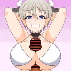  1girl animal_ears animated armpits arms_behind_head arms_up bare_shoulders belt_collar bikini blue_eyes breasts censored cleavage collar cow_ears cow_horns fake_animal_ears fake_horns gradient_background grey_hair grin hair_between_eyes halterneck handsfree_paizuri hetero horns large_breasts looking_at_viewer paizuri paizuri_under_clothes penis pink_background pixel_art pointless_censoring pov short_hair simple_background smile string_bikini swimsuit tagme ugoira underboob upper_body uramomo uzaki-chan_wa_asobitai! uzaki_hana video white_bikini  rating:Explicit score:64 user:Cubone44