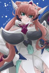  1girl absurdres blue_background breasts covered_navel elbow_gloves floating_hair gloves green_eyes hair_between_eyes hair_ornament hair_wings hand_on_own_hip highres large_breasts long_hair looking_at_viewer maria_cadenzavna_eve panties pink_hair senki_zesshou_symphogear sidelocks simple_background smile solo tiara twitter_username underwear user_dpzw7333 white_gloves wing_hair_ornament 