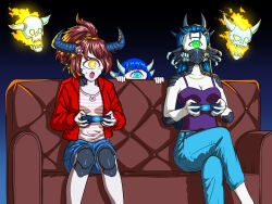 1girl 3girls :o aqua_eyes blue_hair blue_pants blue_shorts breasts cacodemon chain chain_necklace cleavage closed_mouth commentary commentary_request controller couch crossed_legs cyclops dark demon demon_girl demon_horns denim denim_shorts doom_(series) doom_64 doom_ii english_commentary extra_mouth feet_out_of_frame fire flaming_skull floating_skull flower game_controller glowing glowing_eye gradient_background green_eyes hair_flower hair_ornament highres holding holding_controller holding_game_controller horns jacket jewelry long_hair long_sleeves lost_soul_(doom) medium_breasts multiple_girls necklace one-eyed open_clothes open_jacket open_mouth pain_elemental pants peeking_out personification pink_shirt playing_games ponytail purple_shirt red_hair red_jacket scales sharp_teeth shirt shorts simple_background sitting skull sleeveless sleeveless_shirt spikes striped_clothes striped_shirt substance20 sweatdrop teeth very_long_hair yellow_eyes yellow_shirt