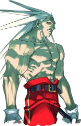  1boy absurdres cropped_legs demon_hyo dual_wielding edaki_shin&#039;ya evil_smile from_side full_body game_cg gloves grey_hair highres holding imawano_hyou justice_gakuen katana male_focus moero!_justice_gakuen muscular muscular_male non-web_source official_art pants red_pants red_pupils simple_background smile solo standing sword teeth topless_male veins veiny_arms weapon white_background white_gloves 