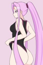  absurdly_long_hair absurdres alternate_breast_size armpit_peek ass ass_focus black_one-piece_swimsuit breasts closed_mouth clothes_pull commentary cowboy_shot dani_(angrymatthew) english_commentary facial_mark fate/grand_order fate/stay_night fate_(series) forehead_mark hair_elastic highleg highleg_one-piece_swimsuit highres huge_ass long_hair looking_to_the_side medium_breasts medusa_(fate) medusa_(rider)_(fate) one-piece_swimsuit one-piece_swimsuit_pull ponytail purple_background purple_eyes purple_hair purple_one-piece_swimsuit solo standing swimsuit thighs very_long_hair 