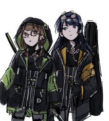  2girls black_coat black_gloves black_pantyhose black_shirt black_skirt blue_hair brown_hair coat collared_shirt commentary cowboy_shot dollchestra english_commentary eyewear_on_head fingerless_gloves fishnet_top fishnets glasses gloves high-waist_skirt highres hood hood_up hooded_coat i_my_mayday instrument_case_on_back kachimachi_kosuzu link!_like!_love_live! long_hair long_sleeves love_live! low_twintails medium_hair miniskirt mizoe multiple_girls murano_sayaka official_alternate_costume open_clothes open_coat pantyhose parted_lips shirt short_twintails simple_background skirt twintails virtual_youtuber white_background 