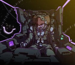  1boy cockpit commentary_request control_stick gundam machinery mecha mecha_pilot_suit mobile_suit normal_suit_(gundam) original pilot pilot_chair robot science_fiction screen sitting tessaku_ro zeon 