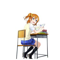  1girl anime_coloring black_shoes black_socks blue_eyes blue_skirt blush bow brown_sweater_vest chair desk feet_out_of_frame from_behind hair_bow hair_ornament hairpin kneehighs kosaka_honoka loafers looking_at_viewer looking_back love_live! love_live!_school_idol_festival love_live!_school_idol_project math miniskirt multiple_hairpins official_art on_chair one_side_up open_mouth orange_hair otonokizaka_school_uniform plaid_clothes plaid_skirt pleated_skirt school_chair school_desk school_uniform shirt shoe_soles shoes short_sleeves sitting skirt socks solo sticky_note studying summer_uniform sweater_vest tearing_up tears transparent_background wavy_mouth white_shirt yellow_bow 