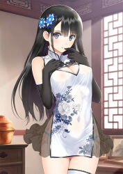  1girl black_eyes black_gloves black_hair blue_panties blush breasts china_dress chinese_clothes cleavage cleavage_cutout clothing_cutout dress elbow_gloves flower gloves hair_flower hair_ornament large_breasts looking_at_viewer original panties print_dress see-through_clothes see-through_dress single_thighhigh sleeveless sleeveless_dress smile solo thighhighs tony_taka underwear white_dress 