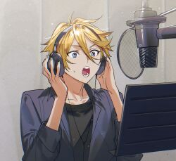  1boy :o ahoge black_shirt blonde_hair blue_eyes blue_jacket collarbone commentary english_commentary hair_between_eyes hands_on_headphones hands_up headphones highres indoors jacket kaohom503 light_particles long_sleeves male_focus microphone music_stand nijisanji nijisanji_en open_clothes open_jacket open_mouth pop_filter shirt short_hair solo studio_microphone sweatdrop teeth upper_body virtual_youtuber yu_q._wilson 