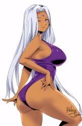  1girl aa_megami-sama artist_name ass breasts closed_mouth commentary curtained_hair dark-skinned_female dark_skin english_commentary facial_mark forehead_mark from_side grey_hair highleg highleg_one-piece_swimsuit large_breasts long_hair looking_at_viewer one-piece_swimsuit one_eye_closed purple_one-piece_swimsuit relaxjon simple_background solo swimsuit thighs urd_(aa_megami-sama) very_long_hair white_background 