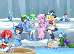  &gt;_&lt; 6+girls apron arm_up black_boots black_hair black_vest blonde_hair blue_boots blue_eyes blue_hair blue_hat blue_skirt blue_vest blush boat boots bow breasts closed_eyes commentary_request crescent crescent_hat_ornament dress drill_hair drill_sidelocks fins game_boy glasses green_hat green_kimono hair_bobbles hair_bow hair_ornament handheld_game_console hat hat_bow hat_ornament head_fins japanese_clothes kappa_mob_(touhou) kawashiro_nitori kimono kirisame_marisa kneehighs long_hair long_sleeves lying mermaid mittens mob_cap monster_girl multiple_girls obi on_boat on_stomach onozuka_komachi open_mouth patchouli_knowledge pink_hair pink_mittens pink_scarf playing_games puffy_short_sleeves puffy_sleeves purple_bow purple_eyes purple_hair red_hair sash scarf short_sleeves sidelocks sitting skirt smile snow socks striped_clothes striped_dress touhou two_side_up vertical-striped_clothes vertical-striped_dress very_long_hair vest waist_apron wakasagihime water watercraft white_bow white_socks witch_hat yellow_eyes yoruniwa 