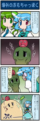 2girls 4koma apple artist_self-insert blue_hair bottle breasts comic female_focus food frog_hair_ornament fruit green_eyes green_hair hair_ornament heterochromia highres juliet_sleeves kochiya_sanae large_breasts long_hair long_image long_sleeves mizuki_hitoshi multiple_girls open_mouth puffy_sleeves real_life_insert shirt short_hair skirt snake_hair_ornament splashing sweat tall_image tani_takeshi_(character) tatara_kogasa touhou translation_request vest rating:Sensitive score:0 user:danbooru