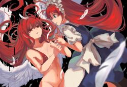  2girls angel_wings apron blue_dress blue_eyes breasts completely_nude convenient_censoring dress empty_eyes feathered_wings feathers groin highres long_hair maid maid_headdress matsukuzu multiple_girls navel nude out-of-frame_censoring parted_lips red_eyes seihou shuusou_gyoku small_breasts very_long_hair vivit vivit_(erich&#039;s_daughter) waist_apron white_apron white_feathers white_wings wings 