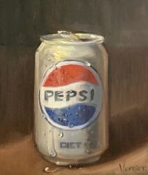 can can_pull_tab commentary condensation drink drink_can english_commentary english_text food_focus highres logo no_humans noah_verrier oil_painting_(medium) original painting_(medium) pepsi soda soda_can table traditional_media water water_drop wooden_table 