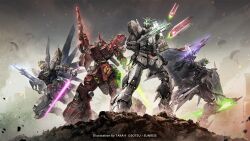  4others absurdres call_of_duty call_of_duty:_mobile char&#039;s_counterattack copyright_notice energy_sword fin_funnels freedom_gundam funnels_(gundam) gun gundam gundam_deathscythe gundam_seed gundam_wing highres holding holding_weapon key_visual kriss_vector mixed-language_commentary mobile_suit multiple_others nu_gundam official_art parachute promotional_art robot sazabi submachine_gun sword taka-f weapon 