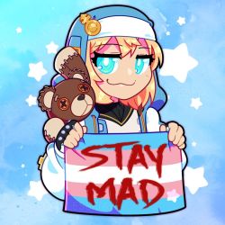  1girl :3 androgyne_symbol artist_name black_gloves blonde_hair blue_background blue_eyes blush bridget_(guilty_gear) bright_pupils button_eyes buttons closed_mouth commentary commentary_request english_commentary english_text female_focus fingerless_gloves flag gloves guilty_gear guilty_gear_strive habit holding holding_flag lgbt_pride looking_at_viewer lovelesskia roger_(guilty_gear) shirt short_hair smile smug solo star_(symbol) star_symbol_background stuffed_animal stuffed_toy teddy_bear transgender transgender_flag upper_body watermark white_pupils white_shirt  rating:General score:132 user:danbooru