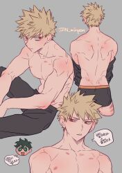  1boy absurdres bakugou_katsuki bite_mark black_male_underwear black_pants blonde_hair boku_no_hero_academia bruise grey_background hickey highres implied_yaoi injury korean_text male_focus male_underwear midoriya_izuku misa_(jjin_miryeon) pants red_eyes short_hair simple_background sitting speech_bubble spiked_hair topless_male translation_request underwear 