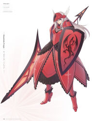  1girl armor armored_dress braid breastplate dress full_body grey_hair hair_ornament helmet high_heels highres holding holding_polearm holding_shield holding_weapon long_hair pauldrons polearm purple_eyes red_armor roselinde_(shining_blade) roselinde_freyja shield shining_(series) shining_blade shining_world shoulder_armor tony_taka weapon wing_hair_ornament 