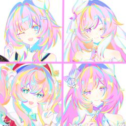  3girls :o ;) absurdres aqua_bow aqua_bowtie aqua_eyes aqua_hair bare_shoulders blue_eyes bow bowtie chinese_commentary coat color_connection commentary_request company_connection corset cyrene_(honkai:_star_rail) diamond-shaped_pupils diamond_(shape) drill_hair elf elysia_(herrscher_of_human:_ego)_(honkai_impact) elysia_(honkai_impact) flower hair_color_connection hair_flower hair_ornament hat highres honkai:_star_rail honkai_(series) honkai_impact_3rd hyacine_(honkai:_star_rail) inoue_marina jewelry long_hair looking_at_viewer luoqing09379 medium_hair multicolored_hair multiple_girls necklace one_eye_closed open_mouth pink_hair pointy_ears portrait purple_coat purple_eyes red_hat short_hair simple_background smile symbol-shaped_pupils twin_drills twintails two-tone_hair v veil very_long_hair voice_actor_connection white_background white_corset white_hair white_veil yanning 