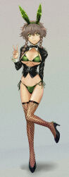  1girl amane_suzuha animal_ears bikini bow bowtie braid breasts brown_hair cleavage closed_mouth detached_collar fake_animal_ears fishnets full_body green_bikini hair_between_eyes high_heels highres leotard looking_at_viewer medium_breasts menomorute navel original playboy_bunny rabbit_ears shoes short_hair simple_background smile solo standing steins;gate swimsuit thick_thighs thighhighs thighs v wrist_cuffs yellow_eyes 