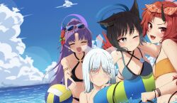  animal_ear_fluff animal_ears bangs_pinned_back bikini black_bikini black_eyes black_hair blue_archive blue_bikini blush cat_ears cat_girl closed_eyes closed_mouth colored_eyelashes colored_skin dragon_horns eyewear_on_head fang flower hair_flower hair_ornament hairband hasu202mm highres horns kikyou_(blue_archive) kikyou_(swimsuit)_(blue_archive) long_hair multicolored_skin nagusa_(blue_archive) nagusa_(swimsuit)_(blue_archive) official_alternate_costume official_alternate_hairstyle open_mouth orange_hairband parted_bangs partially_submerged ponytail purple-framed_eyewear purple_hair red_eyes red_flower red_hair red_skin renge_(blue_archive) renge_(swimsuit)_(blue_archive) short_hair single_horn skin_fang smile sunglasses swim_ring swimsuit white_hair yellow_bikini yukari_(blue_archive) yukari_(swimsuit)_(blue_archive)  rating:Sensitive score:2 user:danbooru