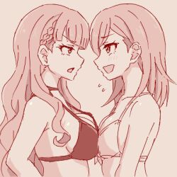  2girls asymmetrical_docking bikini blush braid breast_press breasts cleavage eye_contact face-to-face flying_sweatdrops growth170 hands_on_own_hips long_hair looking_at_another looking_at_viewer love_live! love_live!_superstar!! medium_breasts monochrome multiple_girls open_mouth shibuya_kanon simple_background small_breasts smile swimsuit wavy_hair wien_margarete 