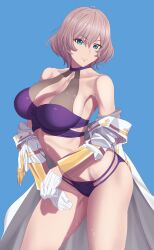  1girl bikini blue_background blue_eyes breasts cleavage closed_mouth collarbone contrapposto epaulettes gloves grey_hair gridman_universe hair_between_eyes highres jacket large_breasts looking_at_viewer military_jacket mujina off_shoulder purple_bikini short_hair solo ssss.dynazenon swimsuit thighs undressing wakusei-planet wet white_gloves white_jacket  rating:Sensitive score:22 user:danbooru