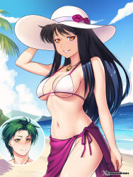  1boy 1girl absurdres arm_up astrid_(fire_emblem) beach bikini black_hair blush breasts cleavage commission commissioner_upload cut-in etchimune fire_emblem fire_emblem:_radiant_dawn green_hair hat highres jewelry long_hair looking_at_viewer medium_breasts nintendo non-web_source ocean orange_eyes outdoors pendant purple_sarong sarong sideboob smile solo_focus sothe_(fire_emblem) sun_hat swimsuit underboob white_bikini yellow_eyes 