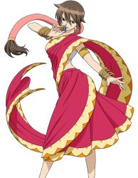 1girl bangle bracelet breasts brown_eyes brown_hair dancer dress earrings eclair_(fairy_tail) facing_viewer fairy_tail fairy_tail_houou_no_miko floating_hair hair_between_eyes hand_up holding indian_clothes jewelry long_hair looking_at_viewer matching_hair/eyes midriff red_dress sari simple_background solo standing tagme white_background 