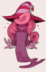  1girl :d blush colored_skin curly_hair ghost ghost_tail gloves hair_over_eyes hat long_hair mario_(series) masha navel open_mouth paper_mario paper_mario:_the_thousand-year_door purple_hair purple_skin simple_background smile solo vivian_(paper_mario) white_background witch_hat 