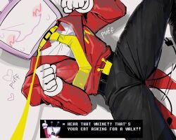  1boy ant_tenna asd1565326 belt black_belt black_pants blush bulge crt deltarune electric_plug electric_plug_tail english_text game_screenshot_inset gloves leash male_focus necktie object_head pants paw_pose pointy_nose solo spread_legs sweat tail tail_wagging tailcoat viewer_holding_leash white_gloves yellow_collar yellow_necktie 