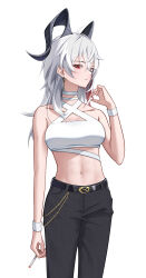  1girl absurdres ahoge alternate_costume bare_shoulders black_horns black_pants breasts cigarette closed_mouth collarbone commentary criss-cross_halter crop_top curled_horns earrings halterneck hand_up highres holding holding_cigarette horns jewelry ji-rex key_earrings large_breasts long_hair looking_at_viewer mole mole_under_eye multicolored_hair navel pants red_eyes shirt solo stomach streaked_hair symbol-only_commentary white_shirt wuthering_waves zani_(wuthering_waves) 