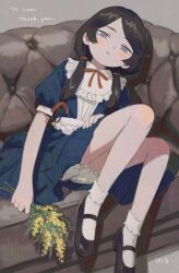  1girl absurdres arm_at_side bare_legs bib_collar black_shoes blue_dress bobby_socks bolero_(bo_le_ro66) borrowed_character brown_hair collar commission commissioner_name couch dress flipped_bangs flower foot_out_of_frame frilled_collar frills grey_background grey_eyes hair_ribbon half-closed_eyes hand_on_own_thigh highres holding holding_flower light_blush long_hair looking_at_viewer lying mary_janes multi-tied_hair muted_color neck_ribbon on_couch on_side original parted_lips petite pleated_dress puffy_short_sleeves puffy_sleeves reclining red_ribbon ribbon second-party_source shoes short_bangs short_sleeves shorts side_part signature skeb_commission socks solo tareme thank_you twintails white_shorts white_socks yellow_flower 