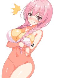  1girl ^^^ arm_under_breasts blush bottomless bra braid breast_padding closed_mouth collarbone commentary_request completely_nude cowboy_shot dutch_angle embarrassed groin hair_between_eyes highres lace lace-trimmed_bra lace_trim long_hair looking_at_viewer mitsukasa_ayase navel nose_blush nude official_alternate_hairstyle pink_bra pink_eyes pink_hair riddle_joker simple_background solo split_mouth surprised thighs twin_braids underwear v-shaped_eyebrows wavy_mouth white_background yokoshima_akunusu 