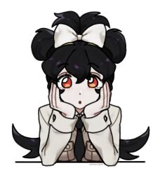 1girl alternate_hairstyle ayaanalien02 black_hair bow chestnut_mouth dot_nose filia_(skullgirls) hair_bow hair_up hands_on_own_cheeks hands_on_own_face long_hair necktie open_mouth red_eyes school_uniform skullgirls solo upper_body