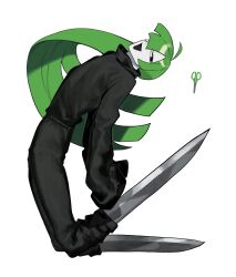  1boy absurdres ahoge black_eyes black_pants black_shirt blunt_bangs blunt_ends ch1npo_nya colored_skin floating_hair full_body green_hair hair_over_one_eye highres leg_blade long_hair long_sleeves looking_at_viewer mario_(series) nintendo object_and_personification open_mouth pants paper_mario paper_mario:_the_origami_king scissors scissors_(paper_mario) scorpion_pose shirt simple_background sleeves_past_wrists smile solo straight_hair turtleneck turtleneck_shirt very_long_hair white_background white_skin 